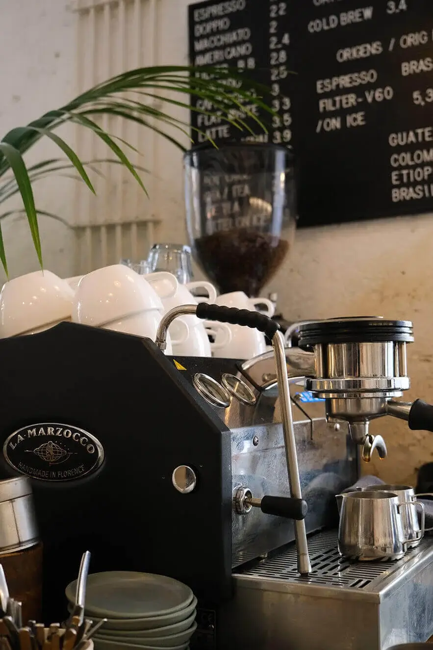 Close-up of a La Marzocco espresso machine at Hello, Kristof speciatly coffee shop in Lisbon