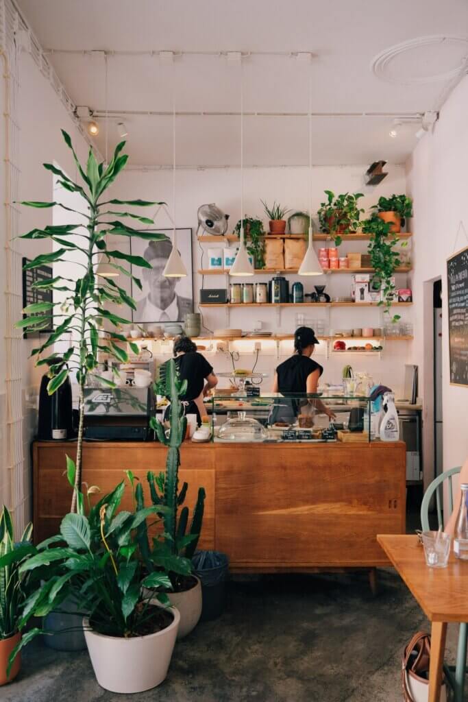 Barista preparing coffee behind the counter at Hello, Kristof with plants and decor around